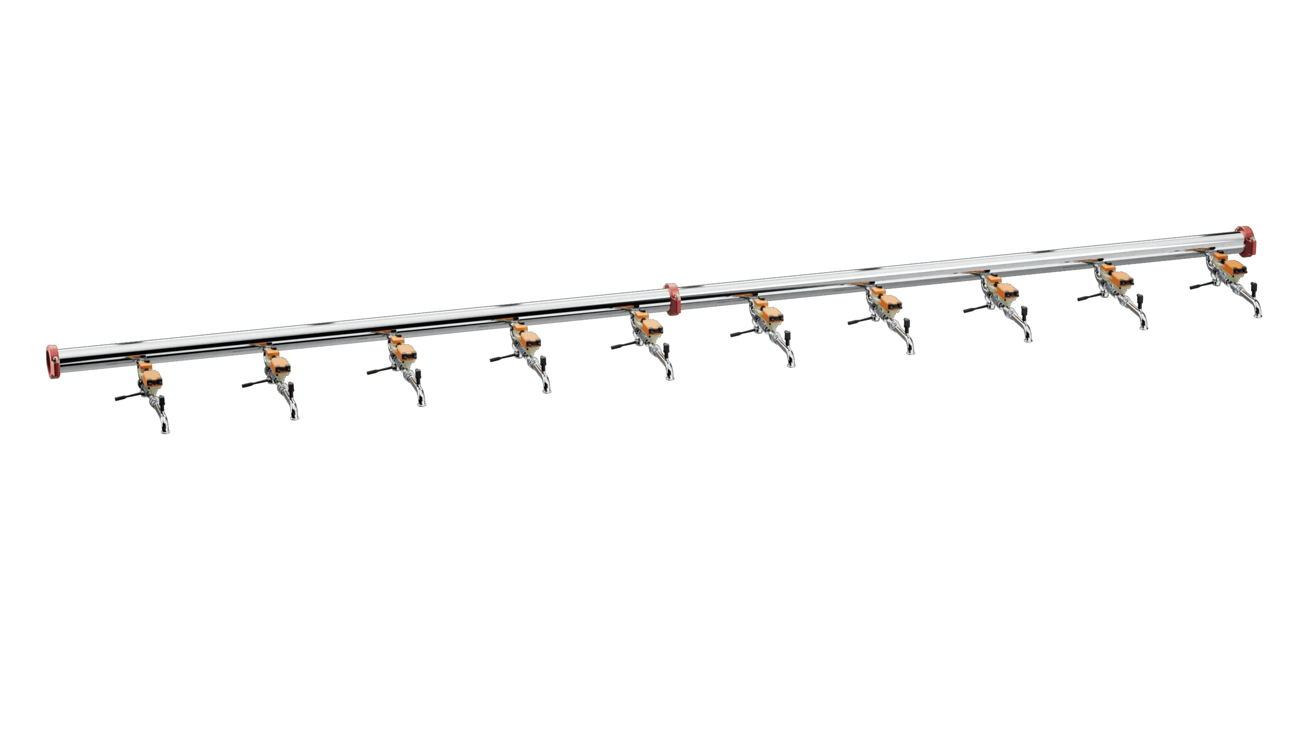 Extended metal rack manifold with multiple quick-connect ports for direct liquid cooling.