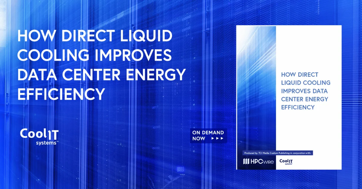 A digital marketing graphic featuring the title "HOW DIRECT LIQUID COOLING IMPROVES DATA CENTER ENERGY EFFICIENCY" set against a bright blue background showing rows of server cabinets.