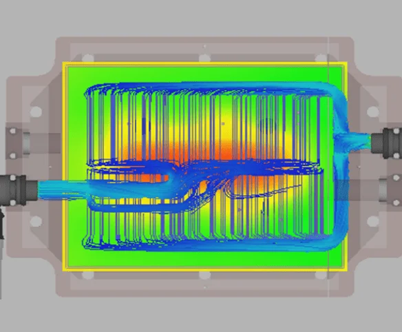 A technical heat map simulation showing liquid flow patterns in shades of blue and green across a rectangular surface, indicating temperature or pressure distribution.