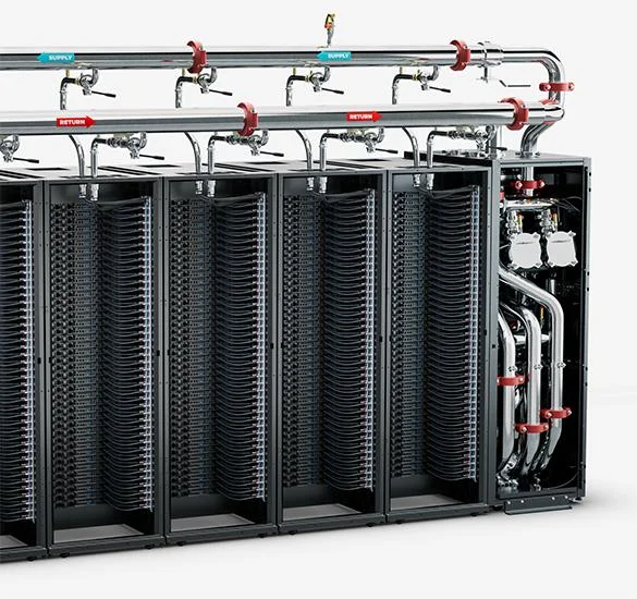 Rack manifold system distributing supply and return coolant to liquid-cooled servers.