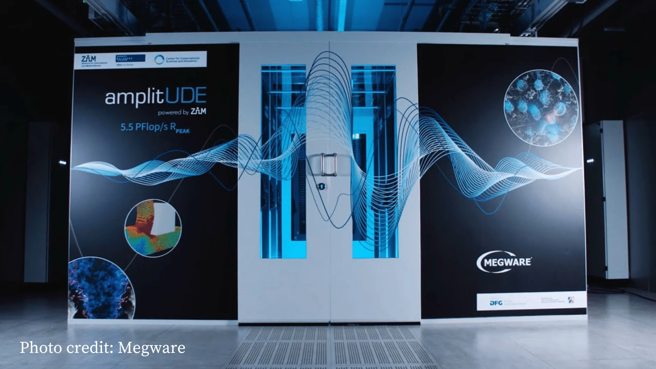 MEGWARE amplitude supercomputer cabinet used for high-performance computing with liquid cooling support.
