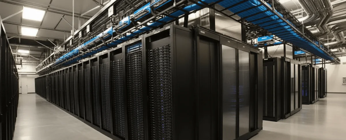 A wide-angle view of a large data center corridor showing long rows of black server racks with organized blue cabling infrastructure running along the ceiling.