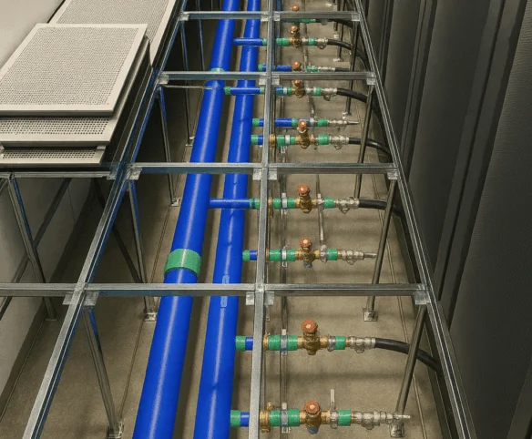 Underfloor data centre piping for liquid cooling distribution to server racks
