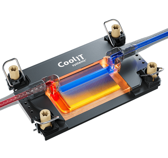 CoolIT coldplate showing internal microchannel design and coolant flow path