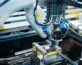 A close-up of a white robotic assembly arm with a specialized black tool attachment working on a yellow hardware component within a high-tech production cell.
