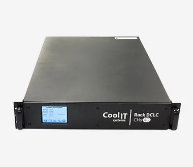 A black rack-mounted industrial unit featuring a small blue digital control screen on the front left panel and white text identifying it as a Rack DCLC CHx40.