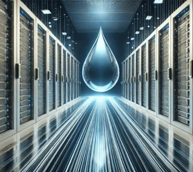 A conceptual digital artwork of a large, translucent water drop suspended in the center of a futuristic data center aisle with glowing floor lines.