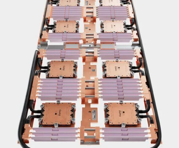 Multi-node coldplate loop assembly with copper blocks and coolant hoses, top view