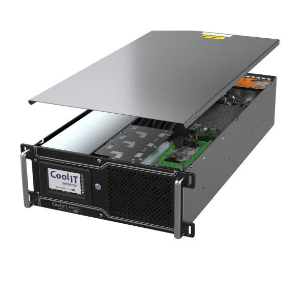 A 3D product rendering of a grey rack-mounted server chassis with its top metal cover partially lifted, revealing the internal electronic circuit boards and cooling modules.