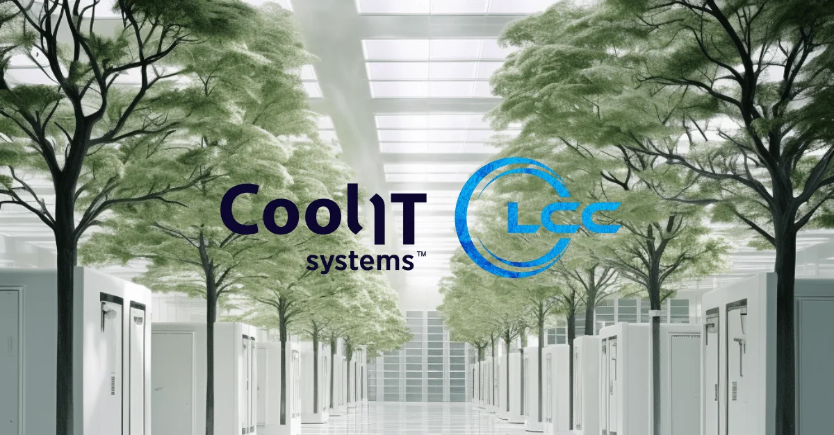 A conceptual digital illustration of a futuristic data center with white server rows and tall green trees growing in the aisles, featuring the "CoolIT systems" and "LCC" logos.