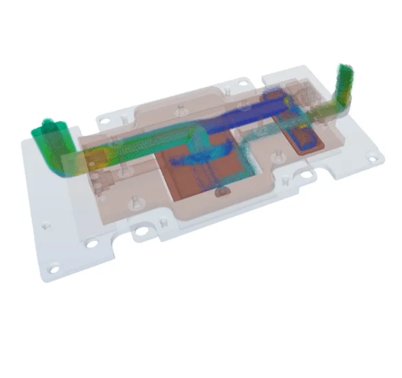 Thermal CFD model visualizing coolant flow path across a copper coldplate heat spreader
