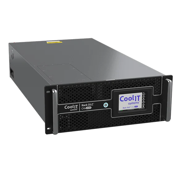 CoolIT Rack DCLC CHx200 rear view with liquid connections, power inputs, and high-capacity cooling loop interface.
