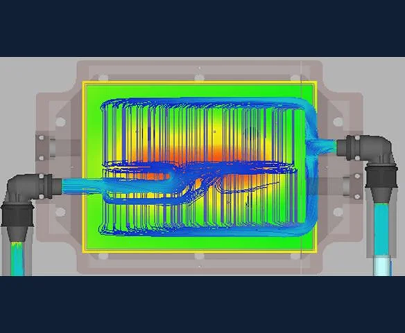 A technical 3D flow simulation graphic showing blue liquid paths moving through the internal micro-channels of a hardware component to demonstrate thermal distribution.