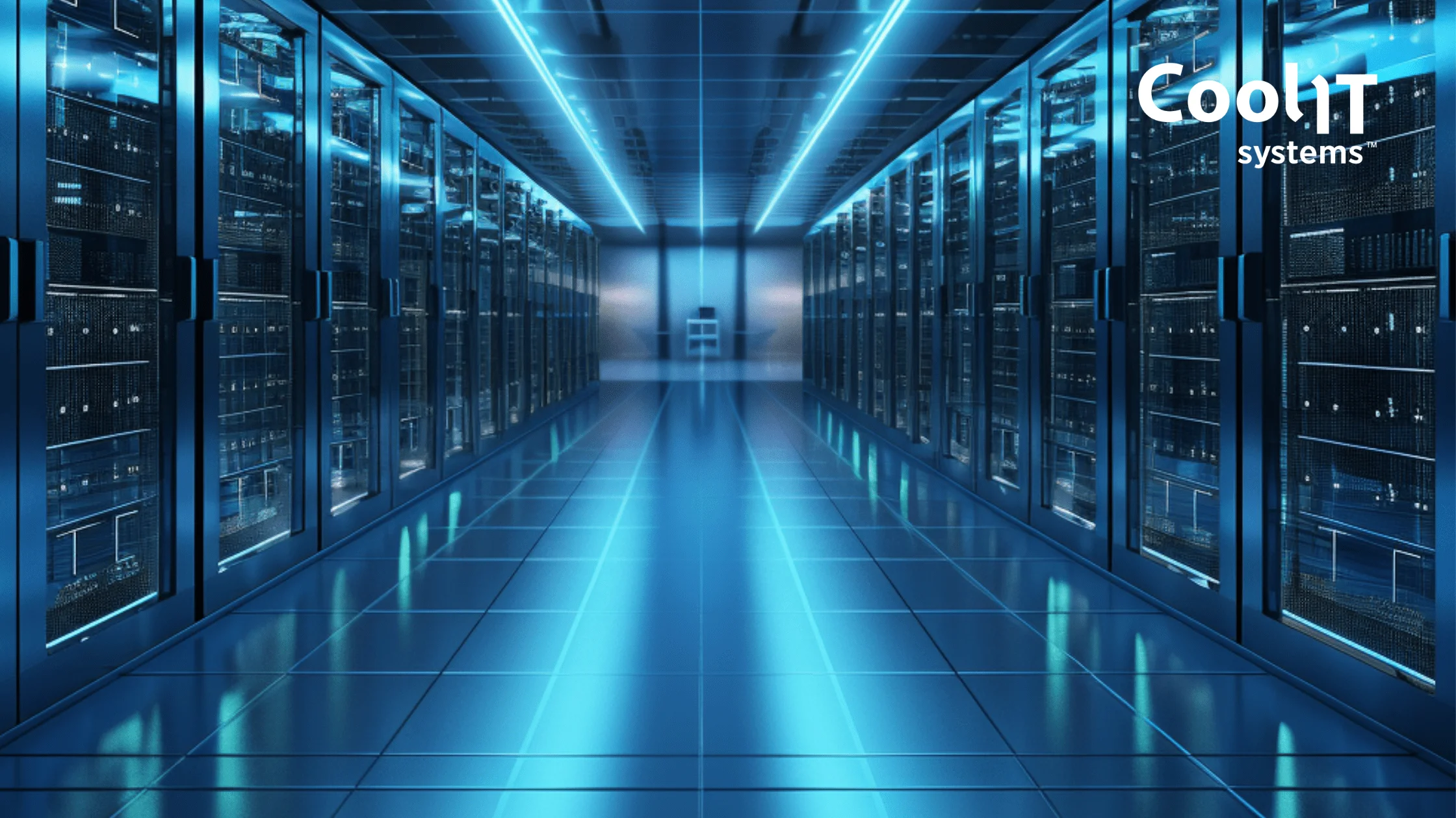 A long perspective view down a symmetrical data center aisle lined with dark server racks, illuminated by bright blue overhead lights and floor reflections.