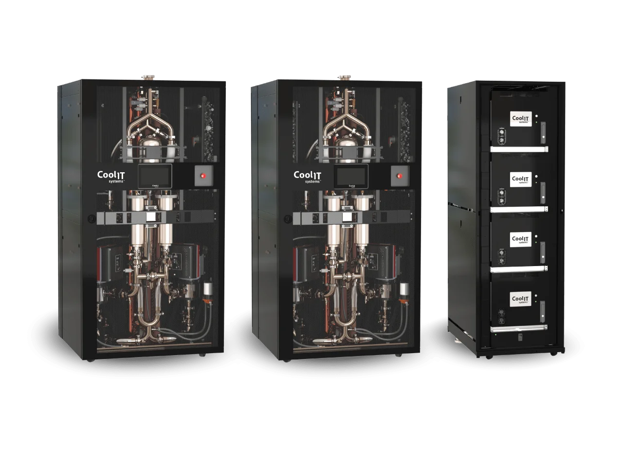 A product showcase featuring three industrial cooling units: two large black cabinets with internal piping visible and one narrower vertical rack with four stacked modules.