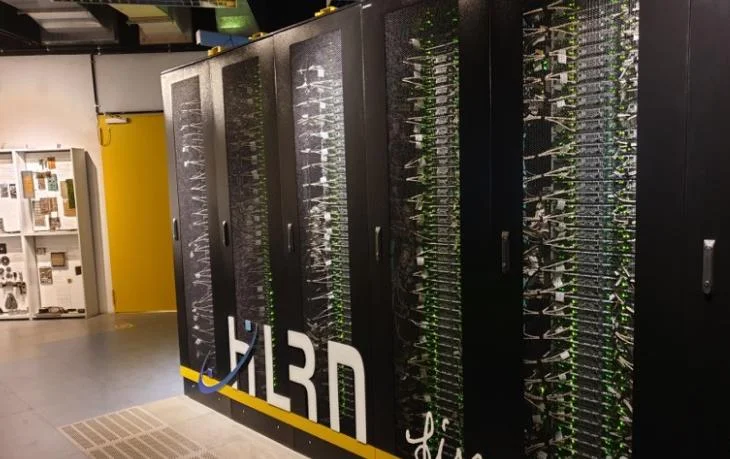 Liquid-cooled server cabinets installed in a high-performance data centre environment.
