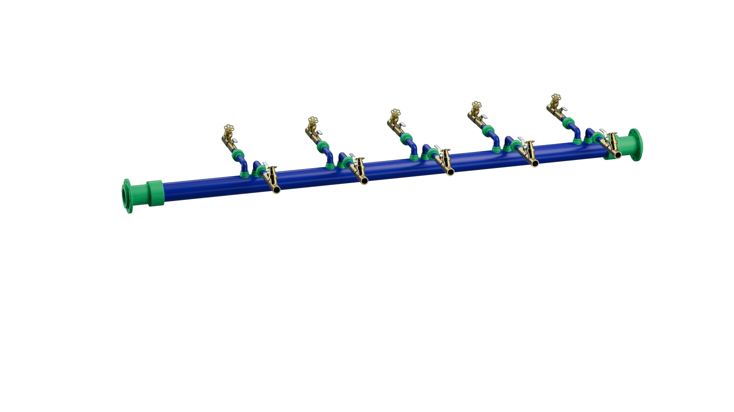 Modular plastic coolant distribution manifold with multiple branch connections.