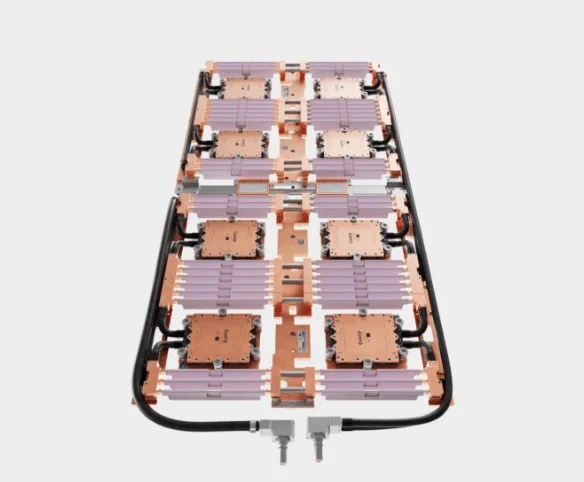 A 3D diagram showing a long row of dark server racks connected to an overhead stainless steel manifold system with red and blue supply and return indicators.