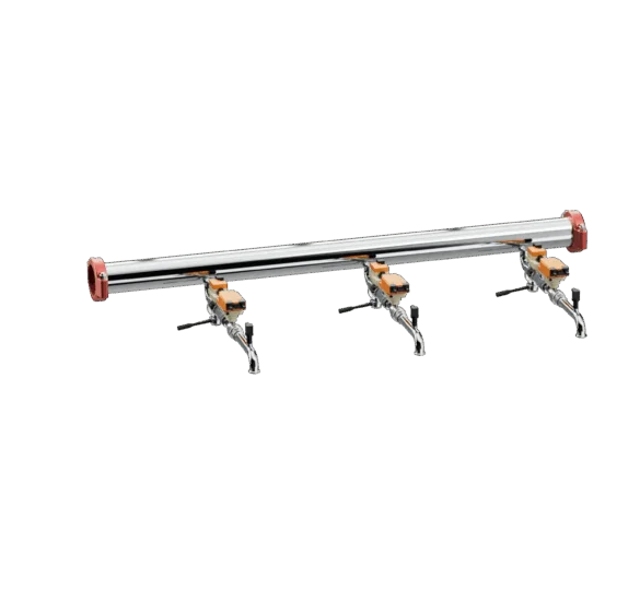 Compact metal rack manifold with quick connects for server-level coolant distribution.