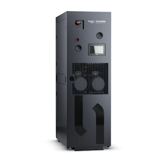 A professional studio shot of a tall, black industrial cabinet featuring a digital touch display, a red emergency stop button, and a perforated lower panel for ventilation.