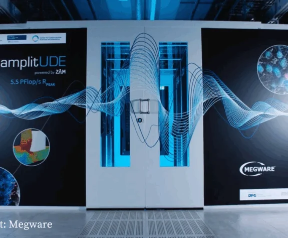 MEGWARE amplitude supercomputer cabinet used for high-performance computing with liquid cooling support.
