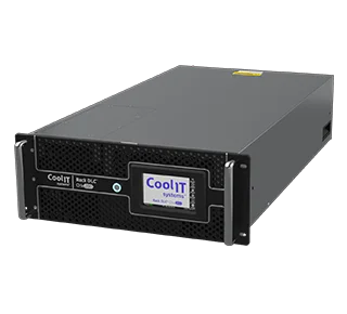 CoolIT CHx200 rack-mounted coolant distribution unit with front control panel and airflow grille.