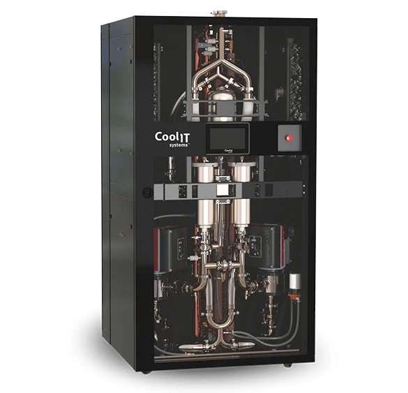 CoolIT AHx240 rack-mounted liquid cooling system with integrated monitoring display.