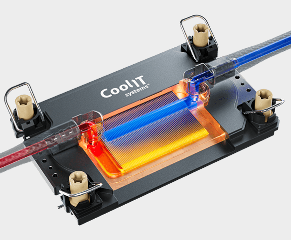 A technical 3D graphic of a black cooling plate featuring an internal micro-channel structure with blue and orange light overlays representing the flow and temperature change of liquid.
