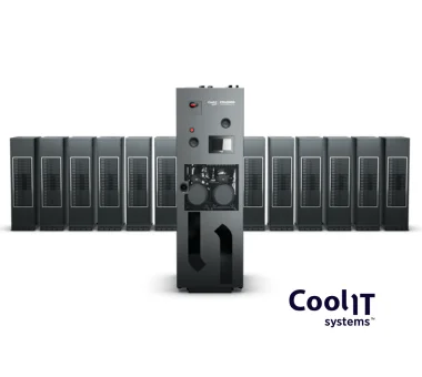 A front-view studio rendering of a tall, black industrial cooling unit standing in front of a symmetrical row of identical dark cabinets.
