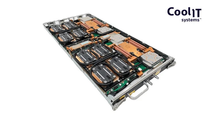 A high-angle studio view of an open server blade featuring a complex arrangement of copper cooling plates and black liquid cooling hoses mounted on a green motherboard.