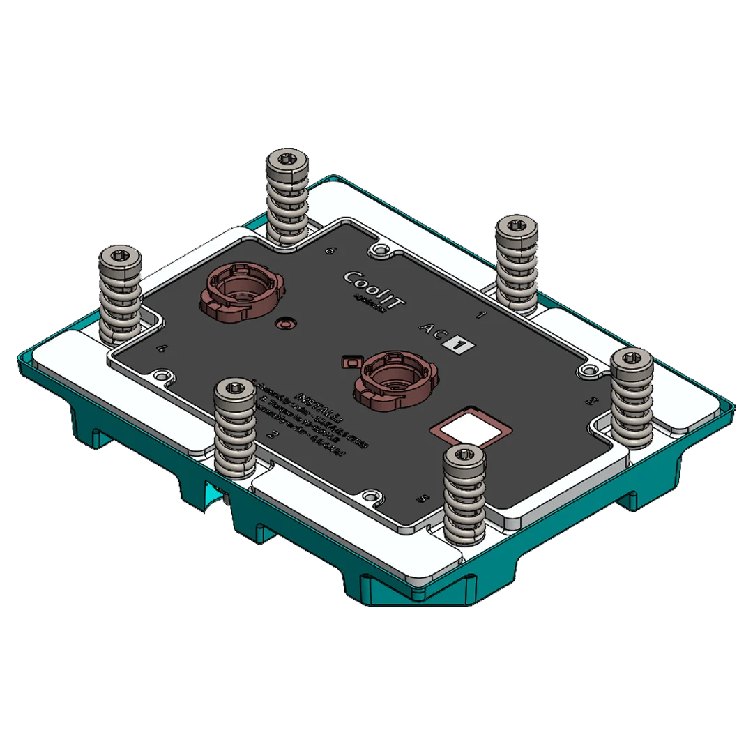 CoolIT coldplate designed for AMD SP5 CPUs with spring-loaded mounting system