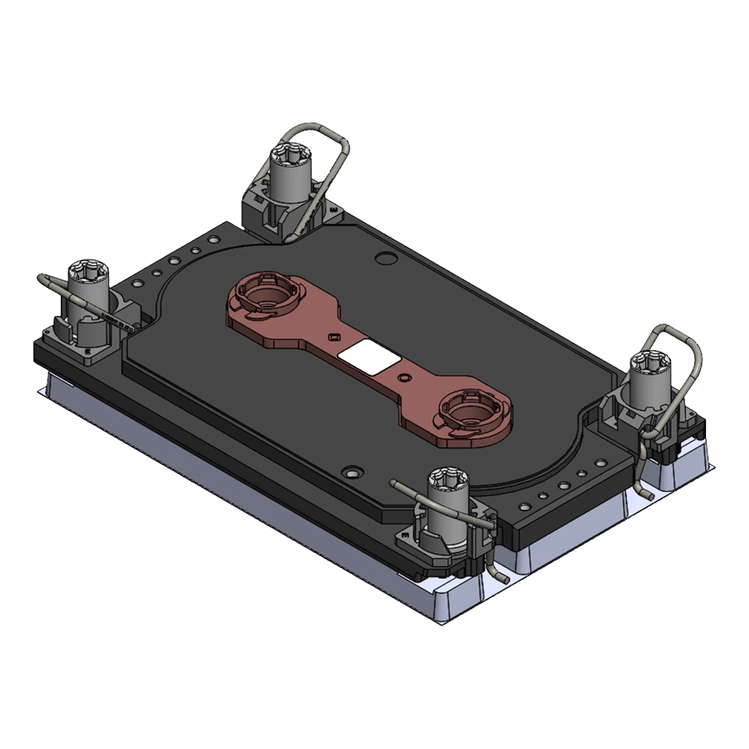 CAD rendering of an Intel CPU cold plate with quick-connect fittings for liquid cooling.