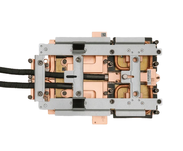 Top view of CoolIT copper coldplate with internal coolant channels