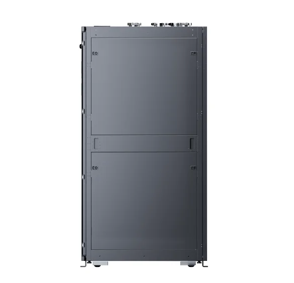 A studio shot of a grey industrial equipment rack, showing the flat front panel and internal hardware connections visible at the very top.