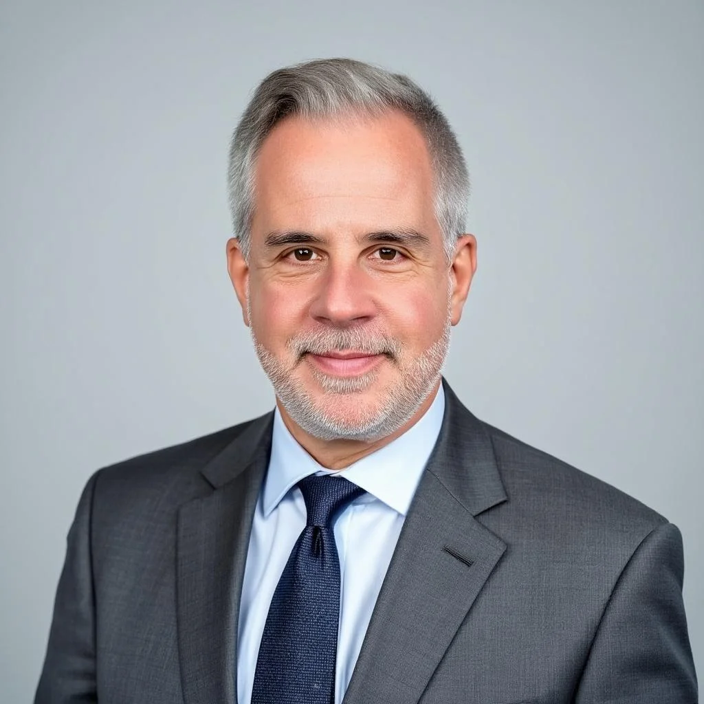 A professional studio headshot of Jason Waxman, smiling and wearing a grey suit jacket with a light blue shirt and a dark blue tie against a plain grey background.