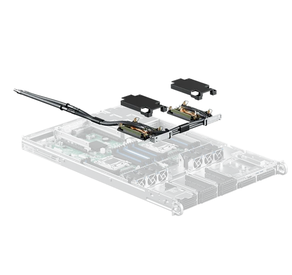 Exploded view of liquid-cooled server with cold plates and tubing