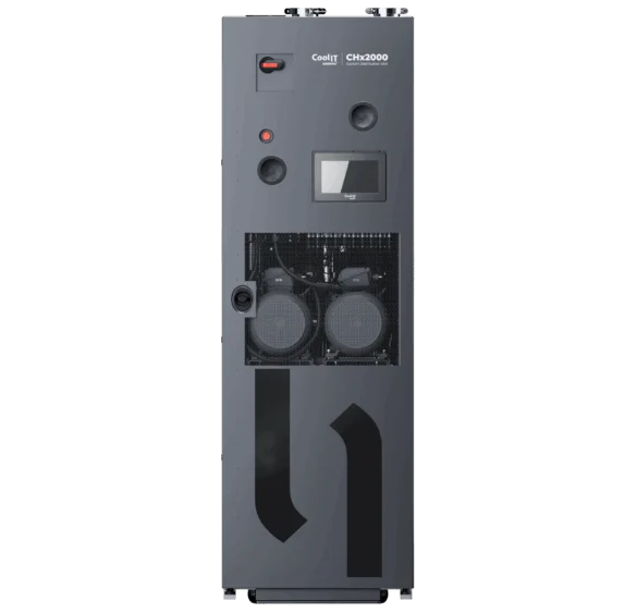 Front view of CoolIT CHx2000 coolant distribution unit with touchscreen interface