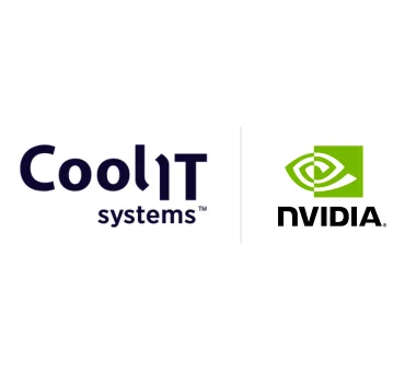 A simple graphic showing the "CoolIT systems" logo on the left and the "NVIDIA" logo on the right, separated by a thin vertical grey line.