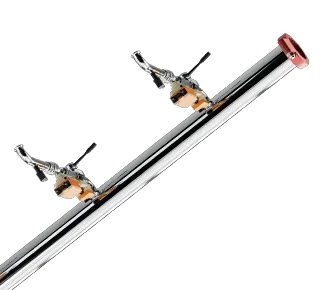 Stainless steel coolant manifold with multiple outlet valves for high flow systems.