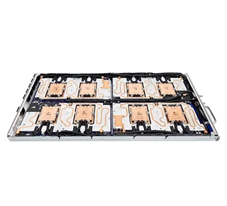 Liquid-cooled AI server chassis with integrated coldplates and manifold loop.