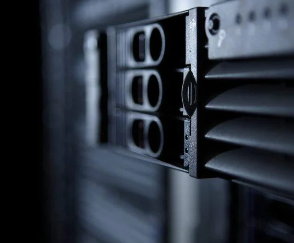 Close-up of data centre server chassis with high-performance cooling ventilation.