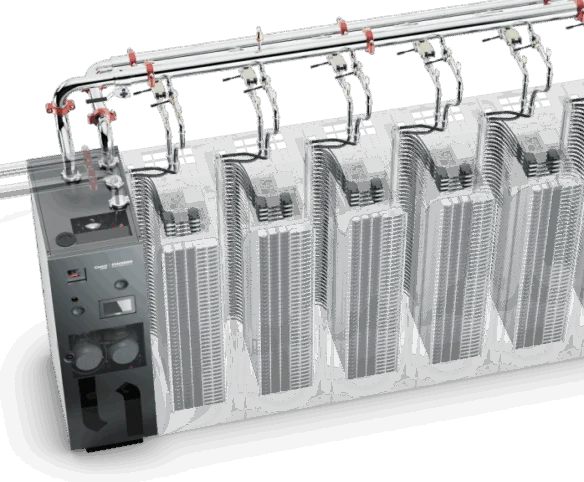 A semi-transparent 3D rendering showing the internal structures of a row of server racks connected to a complex overhead liquid distribution system.
