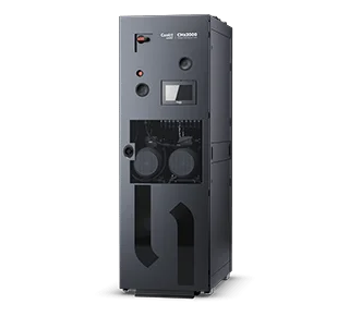 A direct front-view rendering of a tall, matte grey industrial cabinet featuring a central digital display and visible internal pump components behind a perforated panel.