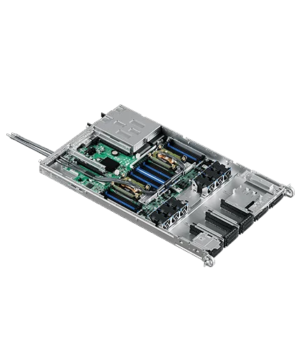 Open server chassis with liquid cooling components and motherboard installed.