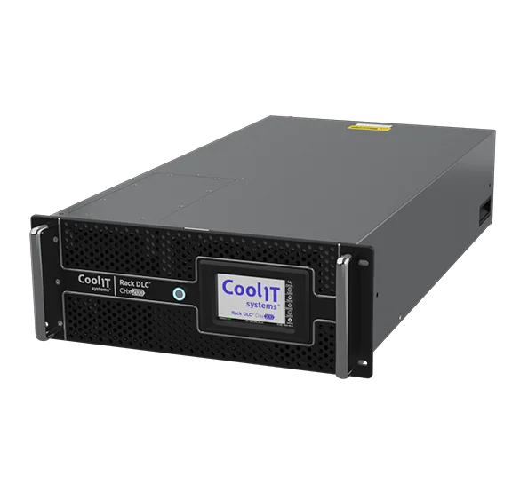 CoolIT CHx200 coolant distribution unit with exposed internal components, pumps, and multiple quick-connect ports for direct liquid cooling systems.