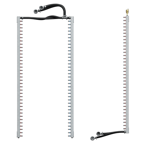 Single and dual row rack manifold layouts for distributing coolant across AI server racks.