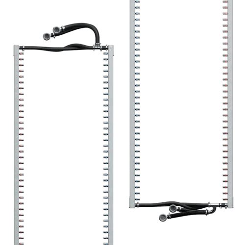 Row-based liquid cooling manifold feed configuration with top and bottom hose routing