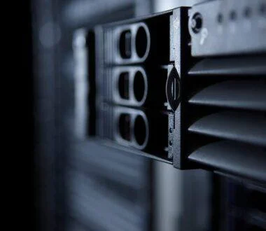 Close-up of enterprise server front panel in data centre rack
