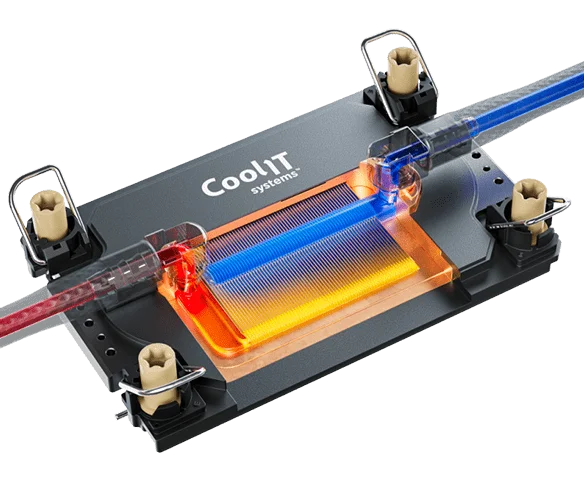 CoolIT coldplate showing internal microchannel design and coolant flow path