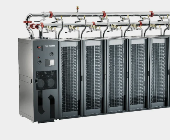 A 3D model of a large black industrial cooling unit connected to a series of server racks via a polished stainless steel overhead manifold system with red-handled valves.